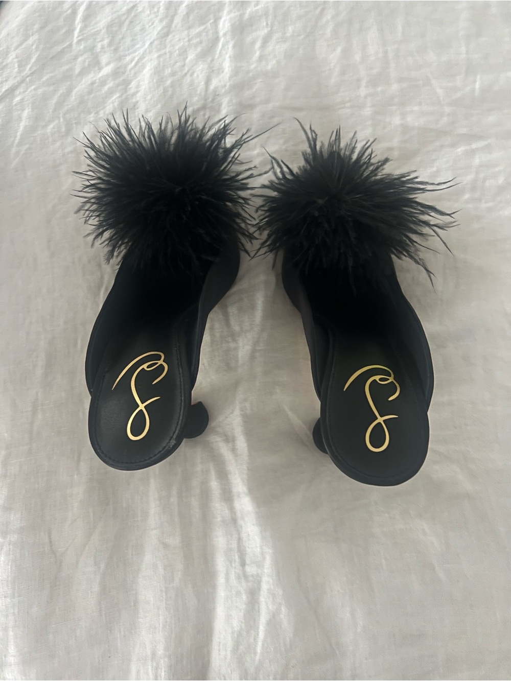 Sam Edelman Black Feather Pom Slide Heels - Picture 1 of 6